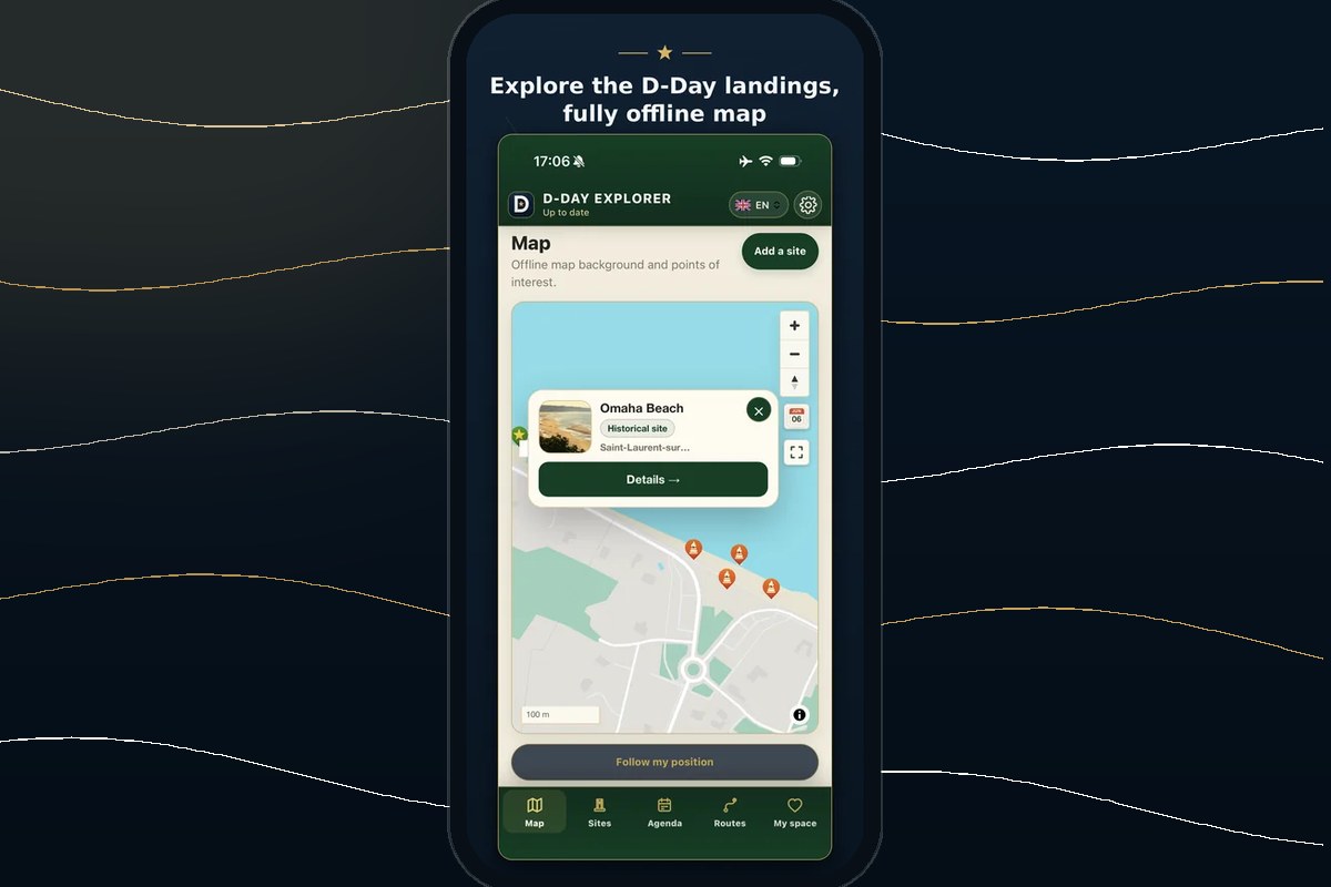Promotional visual of the D-Day Explorer mobile app